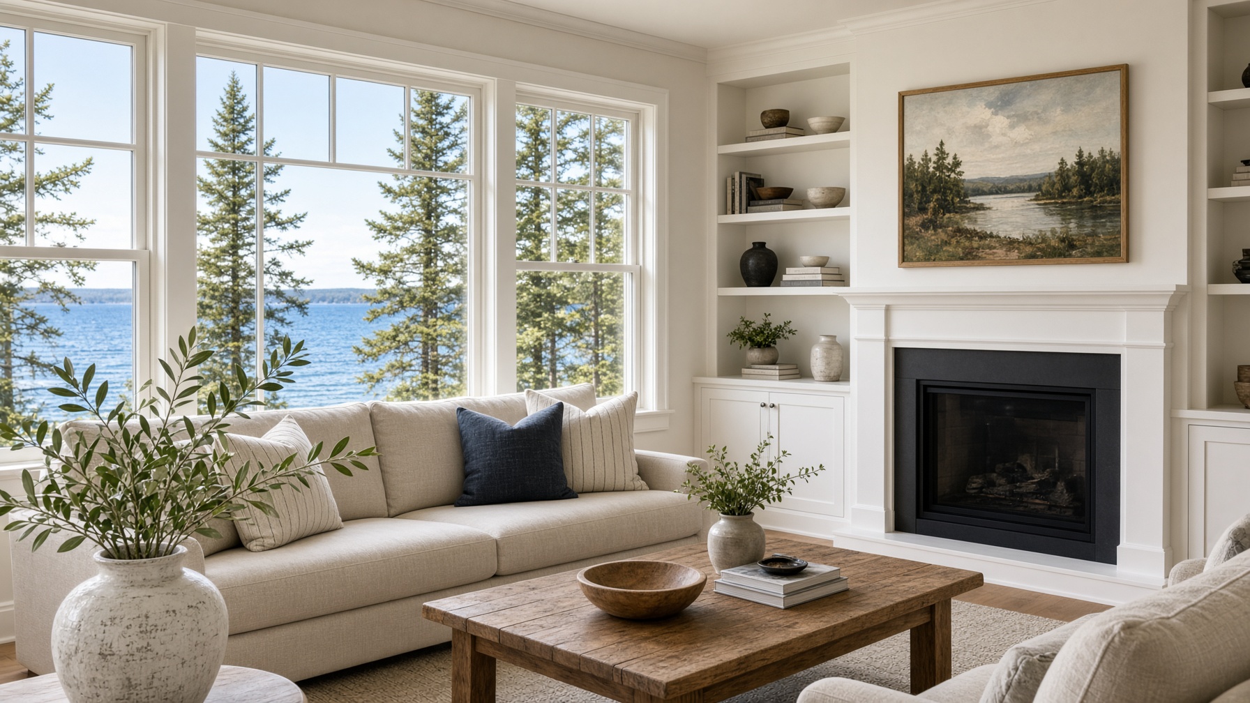 Bright living room with lake views